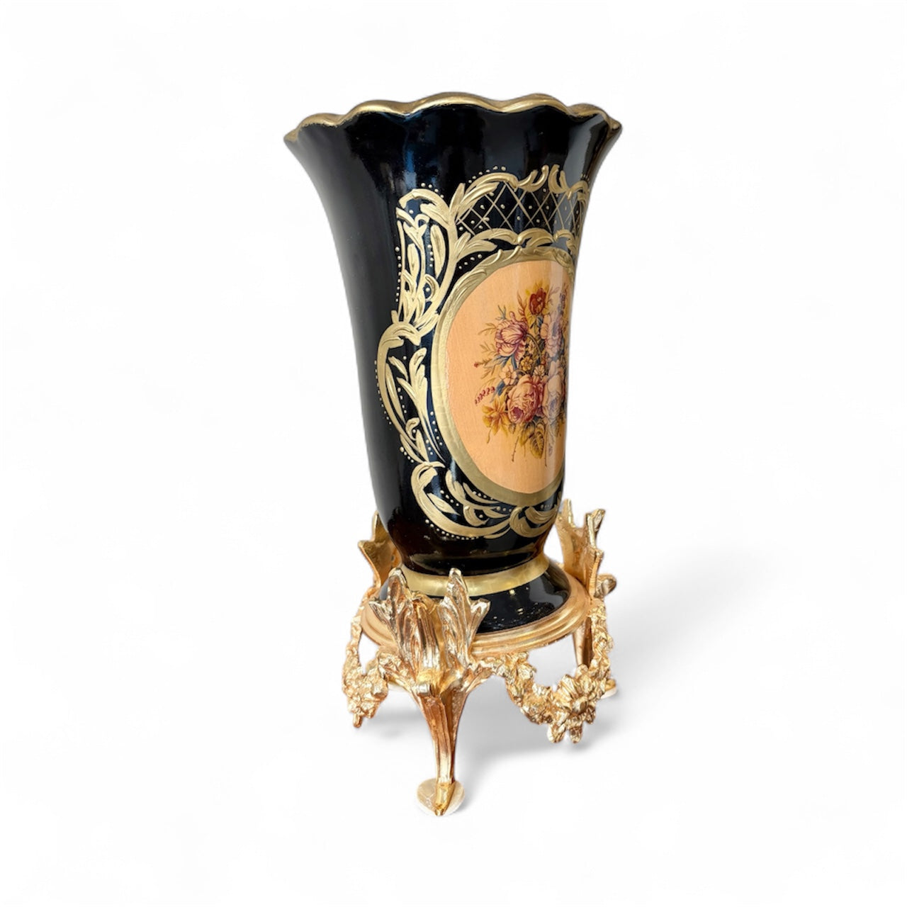 Gold-Plated Malik Obsidian Trumpet Vase: The Black & Gold Drama