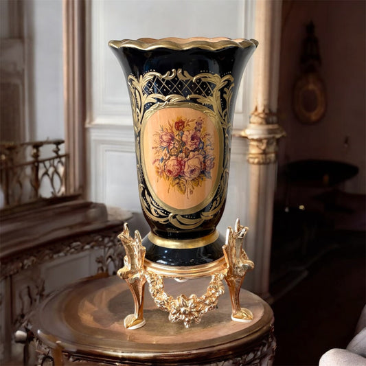 Gold-Plated Malik Obsidian Trumpet Vase: The Black & Gold Drama