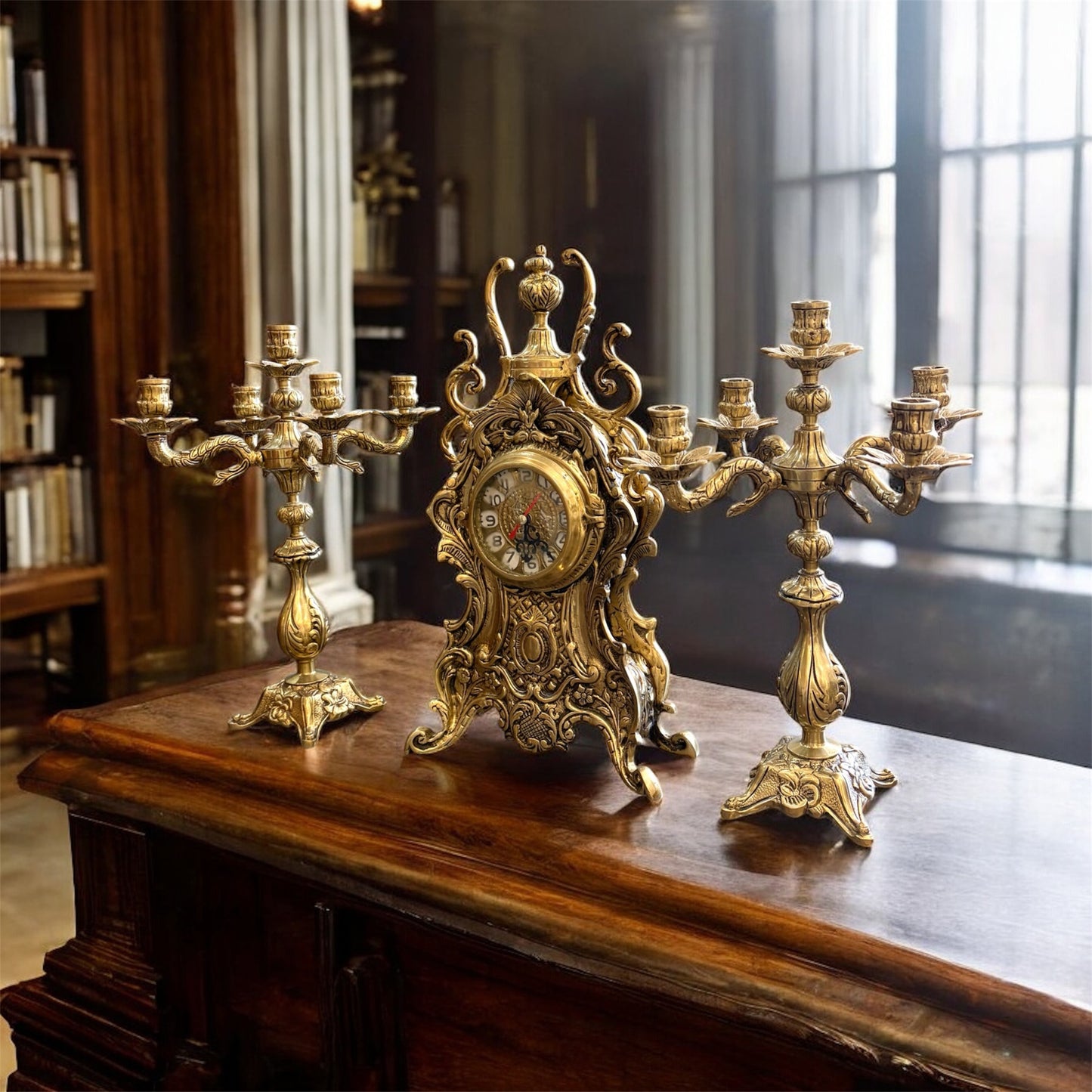 The Gilded Antique Desk Garniture: Clock and Candelabra Set