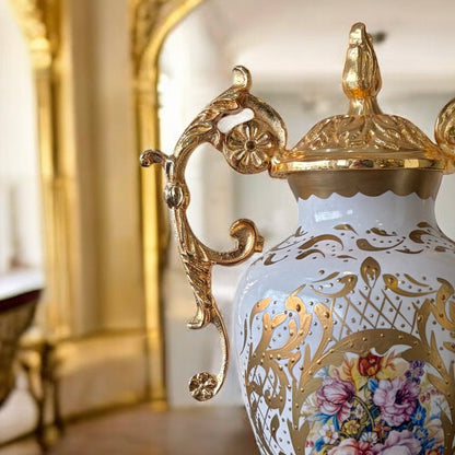 Gold-Plated Malik Porcelain Urn: The Grand White Palace Vase