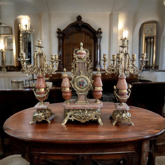 The Imperial Red Marble Garniture: Clock and Candelabra Set