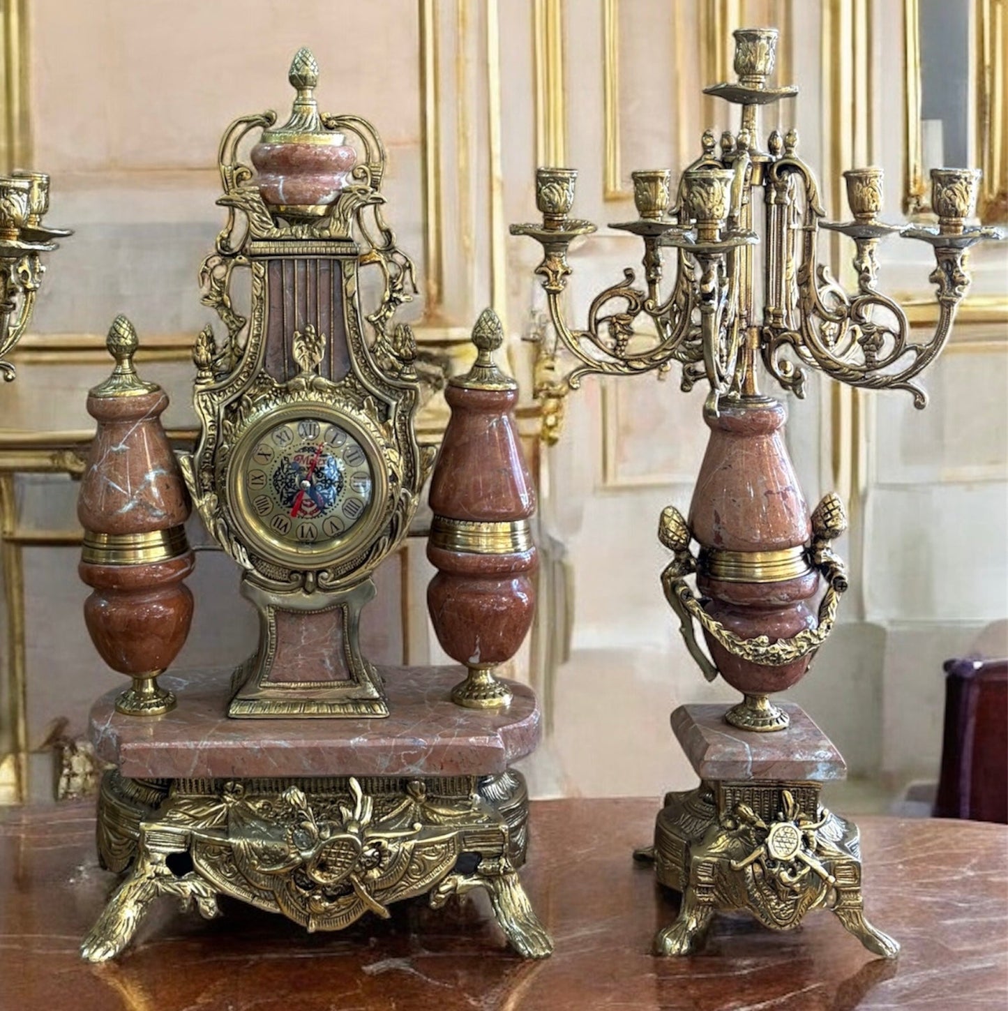 The Imperial Red Marble Garniture: Clock and Candelabra Set