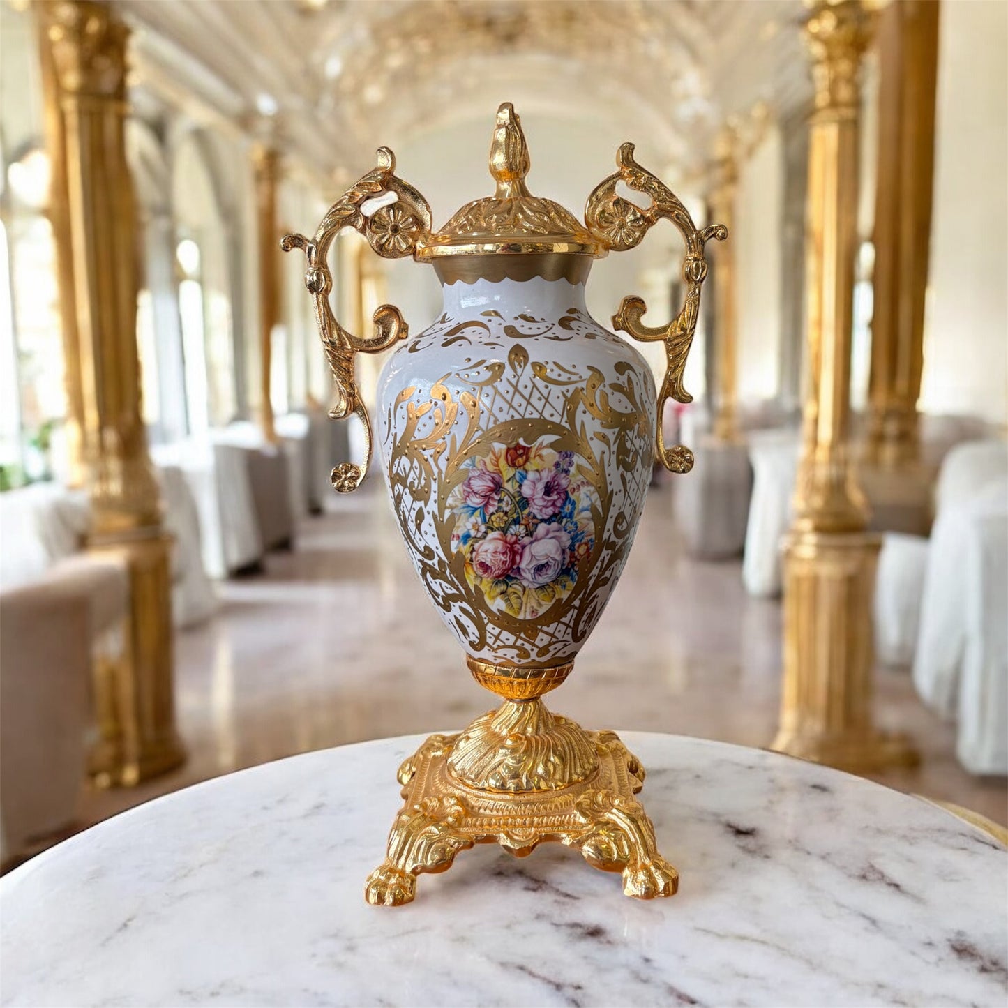 Gold-Plated Malik Porcelain Urn: The Grand White Palace Vase