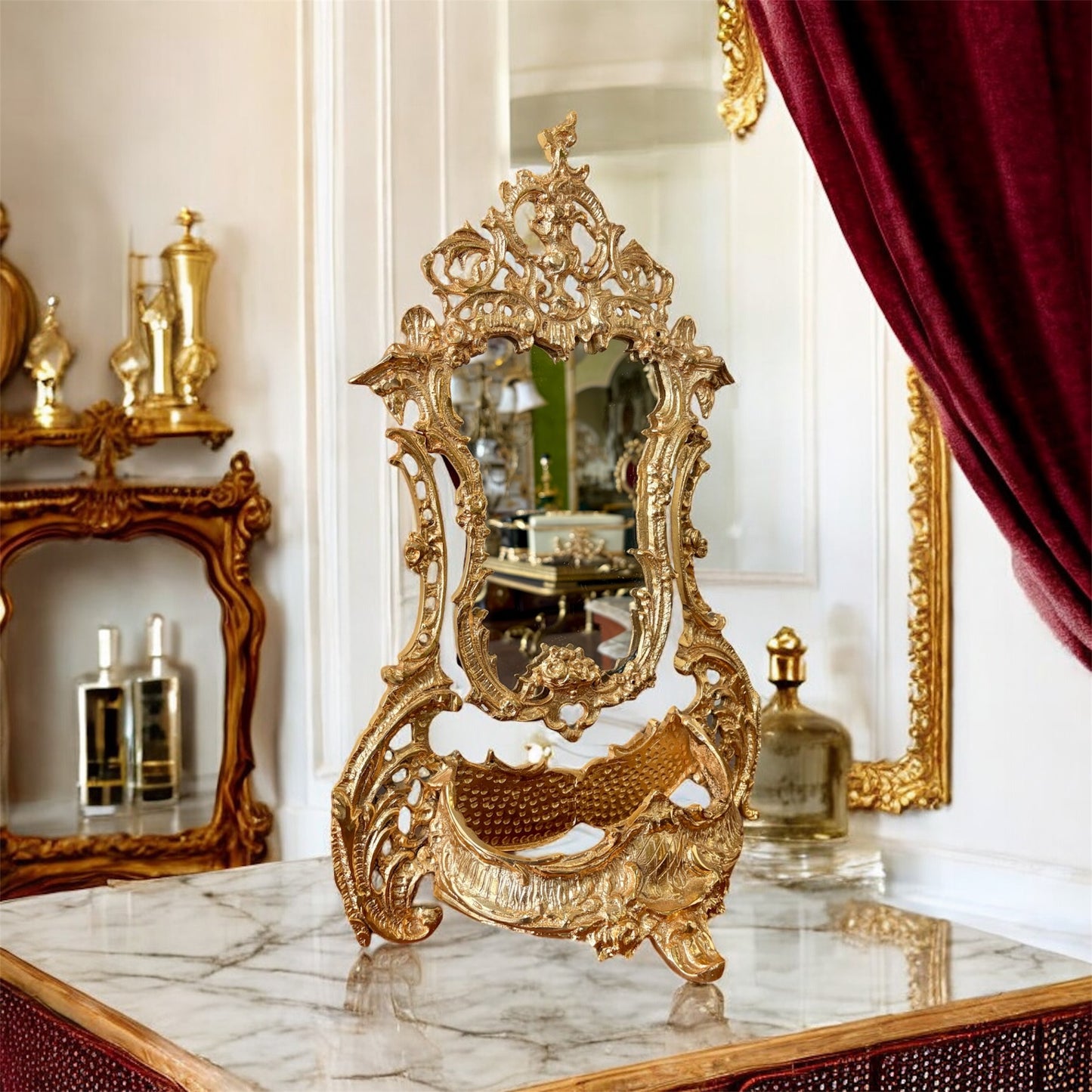 Gold-Plated Rococo Vanity Mirror: The Antique Gilded Crown